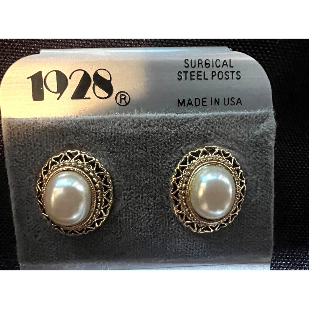 1928 Pearl Stud‎ Earrings Gold Filigree Surgical Steel Posts NOS Trad Elegance